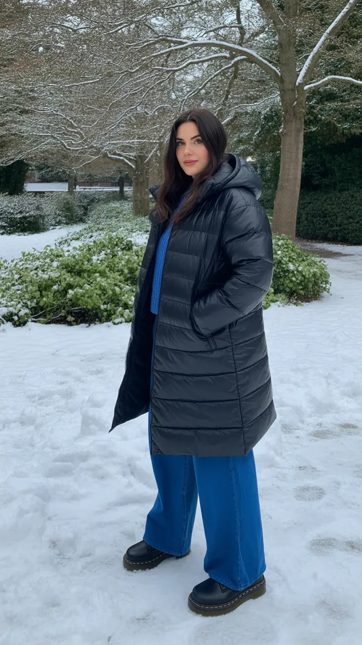 Comfy Winter Outfits 2025 2026 Style Ideas - Long Black Puffer With Cobalt Knit And Wide Blue Jeans