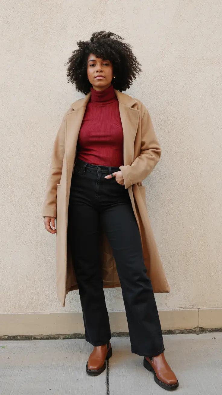 Comfy Winter Outfits 2025 2026 Style Ideas - Camel Coat, Ribbed Burgundy Turtleneck, And Black Straight Jeans