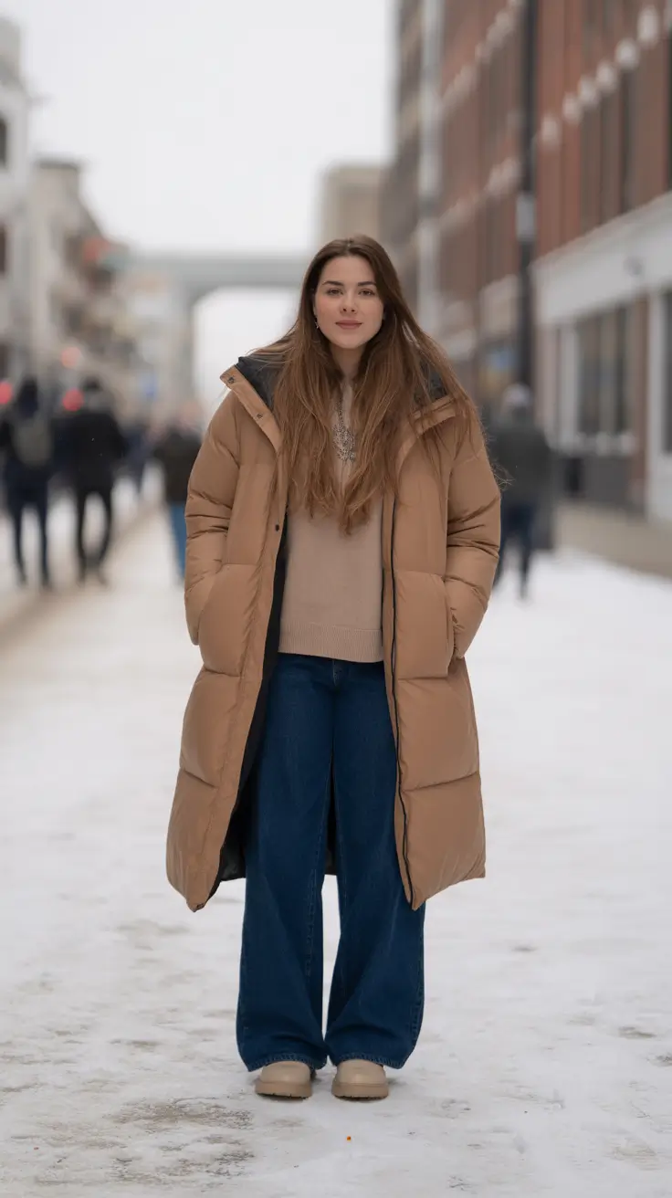 Comfy Winter Outfits 2025 / 2026 Style Ideas - Maxi Puffer + Wide Denim, City-Snow Uniform