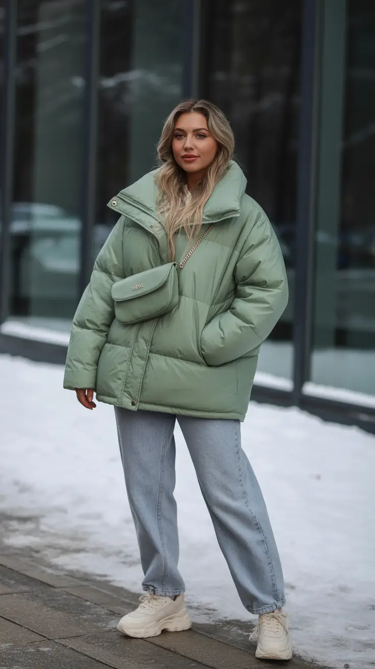 Comfy Winter Outfits 2025 / 2026 Style Ideas - Sage Puffer With Matchy Belt Bag and Soft Denim