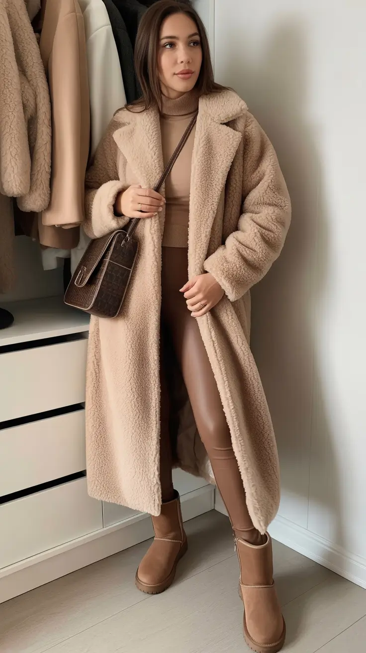 Comfy Winter Outfits 2025/2026 Style Ideas - Teddy Maxi With Leather-Look Leggings