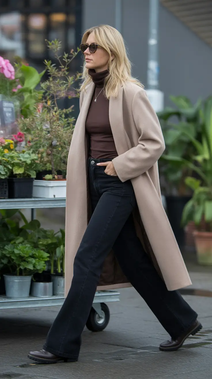 Comfy Winter Outfits 2025 2026 Style Ideas - Camel Coat, Chocolate Turtleneck, And Dark Flares