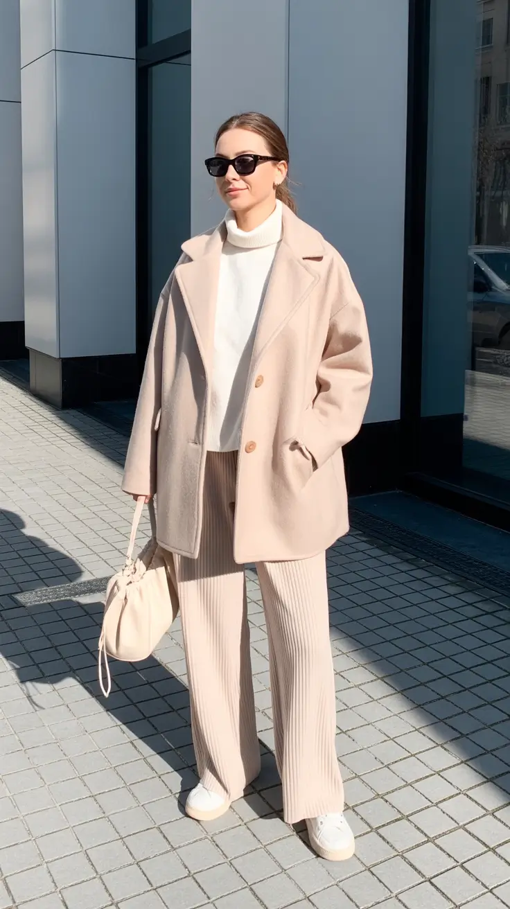 Comfy Winter Outfits 2025 / 2026 Style Ideas - Cream Monochrome Knit Set With Short Coat