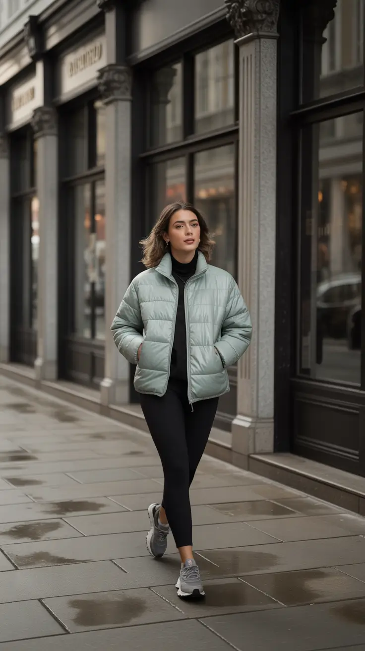 Comfy Winter Outfits 2025 2026 Style Ideas - Sage Puffer And Black Leggings, Walk-All-Day Sneakers