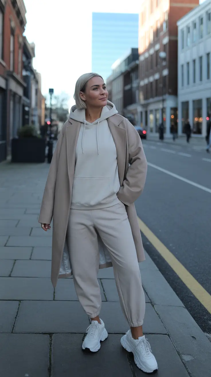 Comfy Winter Outfits 2025 2026 Style Ideas - Oatmeal Monochrome Tracksuit Under A Minimal Coat