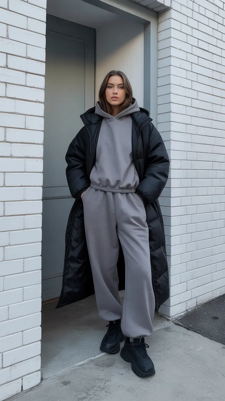 Comfy Winter Outfits 2025 2026 Style Ideas - Maxi Puffer Over Charcoal Hoodie Set, All-Black Sneakers
