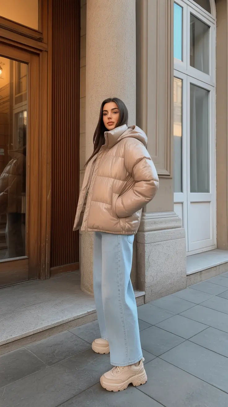 Comfy Winter Outfits 2025 / 2026 Style Ideas - Cloud-Soft Puffer with Baby-Blue Denim