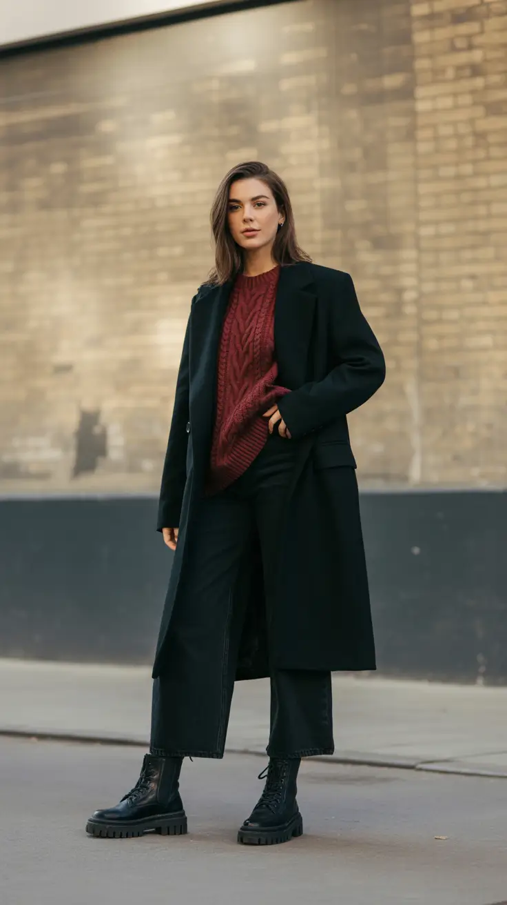 Comfy Winter Outfits 2025 / 2026 Style Ideas - Deep Berry Knit under a Longline Black Coat