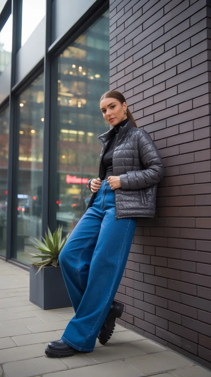 Comfy Winter Outfits 2025 / 2026 Style Ideas - Urban Puffer with Turtleneck and Wide Blue Denim