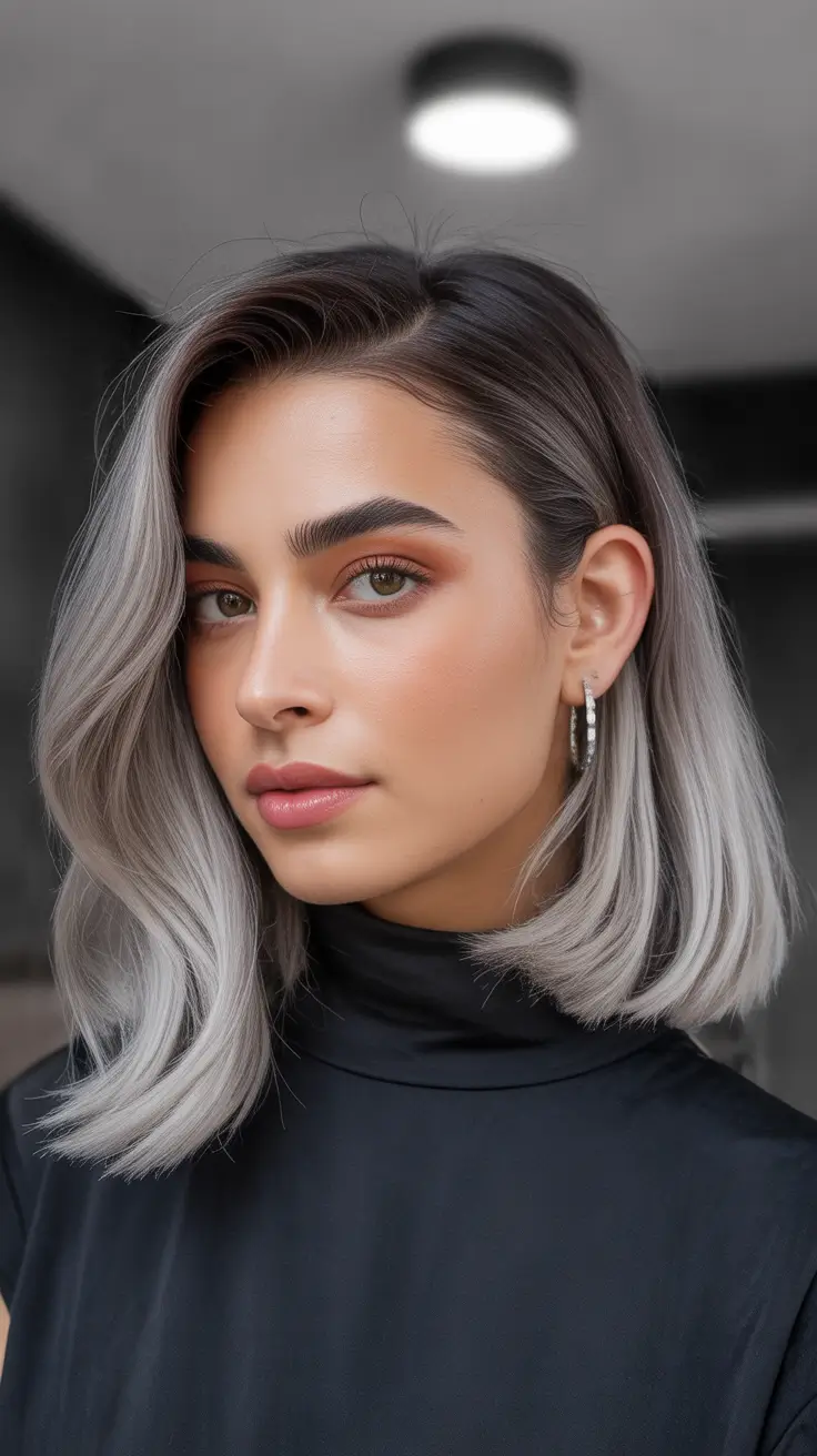 Deep Winter Hair Colors Inspiration 2025-2026 - Smoky Silver Melt Lob - cool peroxide, soft edges