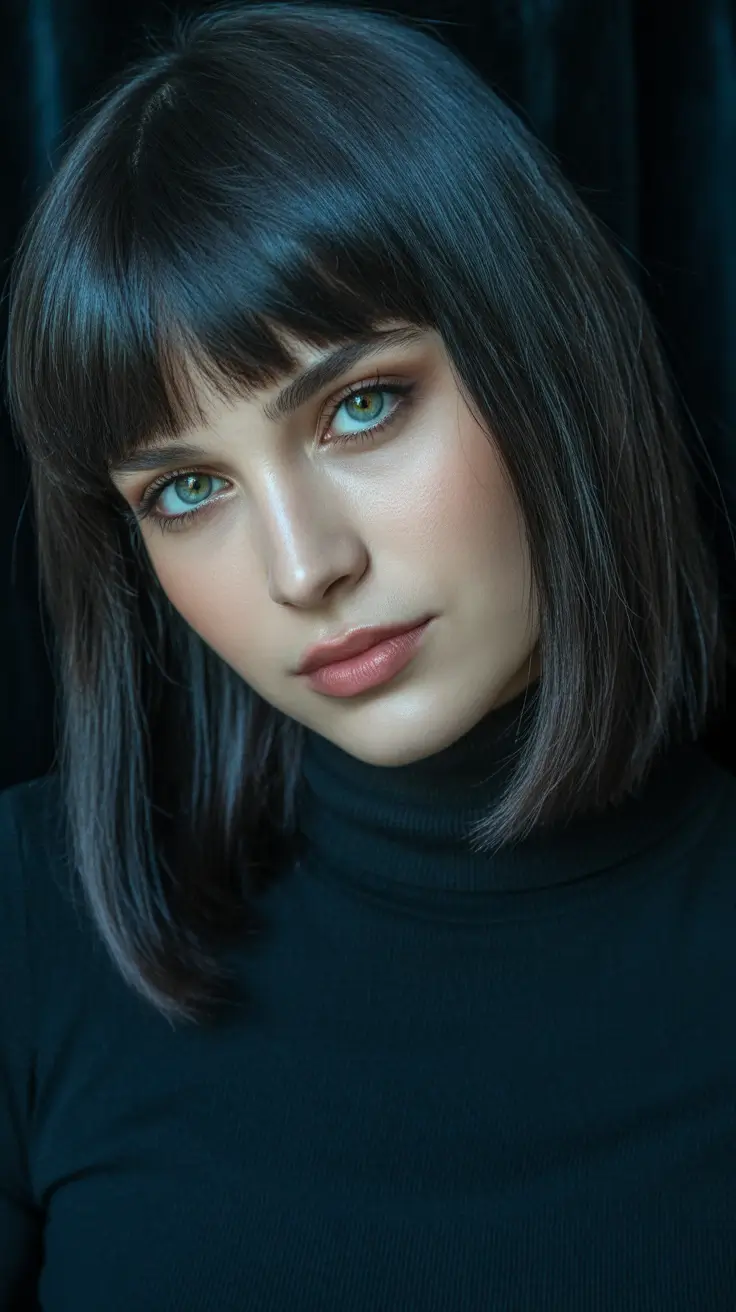 Deep Winter Hair Colors Inspiration 2025–2026 - Graphite Micro-Bob With Baby Bangs