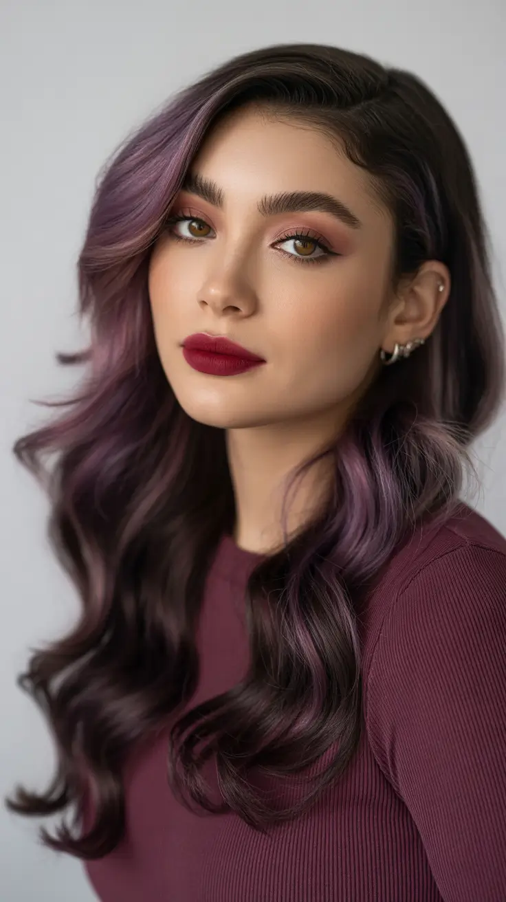 Deep Winter Hair Colors Inspiration 2025-2026 - Smoky Amethyst Money-Piece - soft plum that flatters cool skin