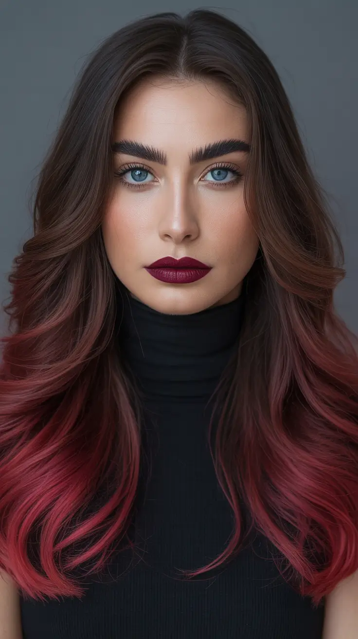 Deep Winter Hair Colors Inspiration 2025-2026 - Cranberry Ombre Ends - chocolate roots, rosy gradient
