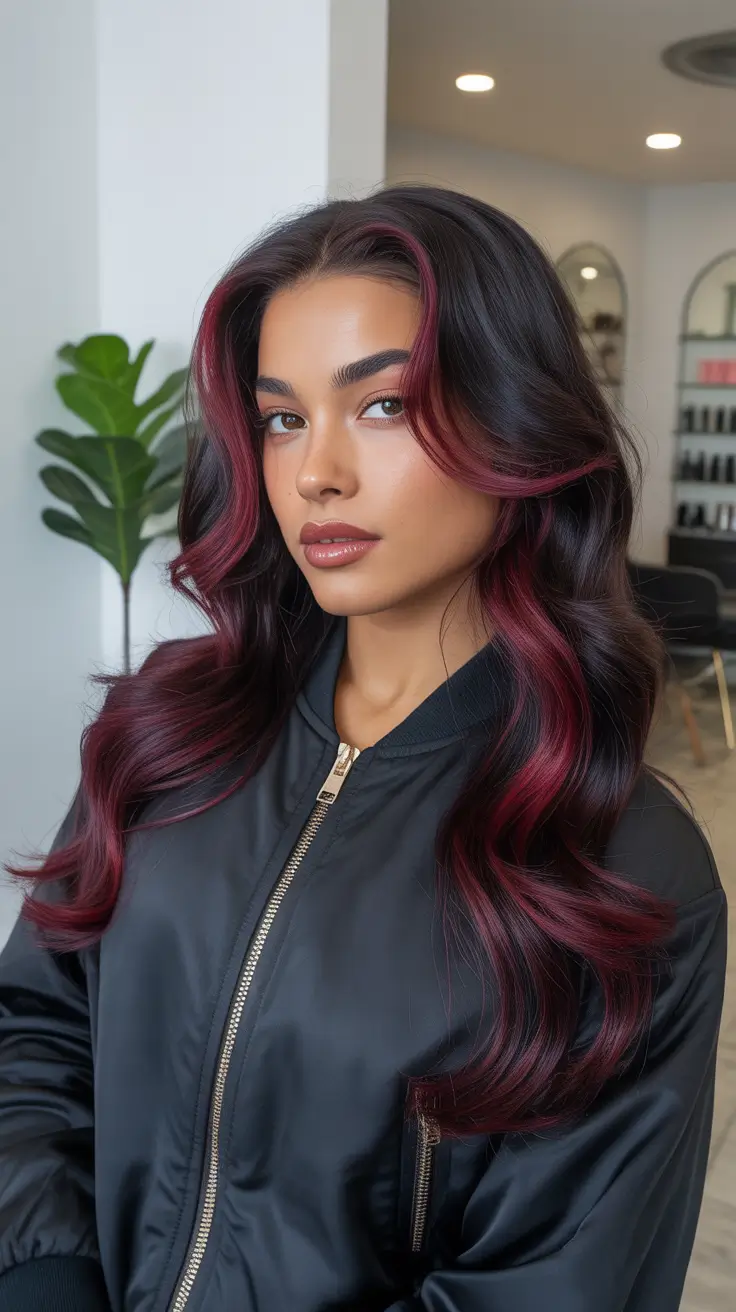 Deep Winter Hair Colors Inspiration 2025-2026 - Berry Face-Frame on Ink Brunette - ribbons of berry, maximum brightness