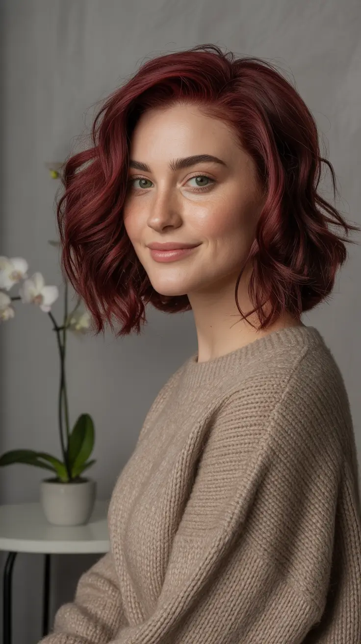 Deep Winter Hair Colors Inspiration 2025–2026 — Mulled Cranberry Wavy Bob