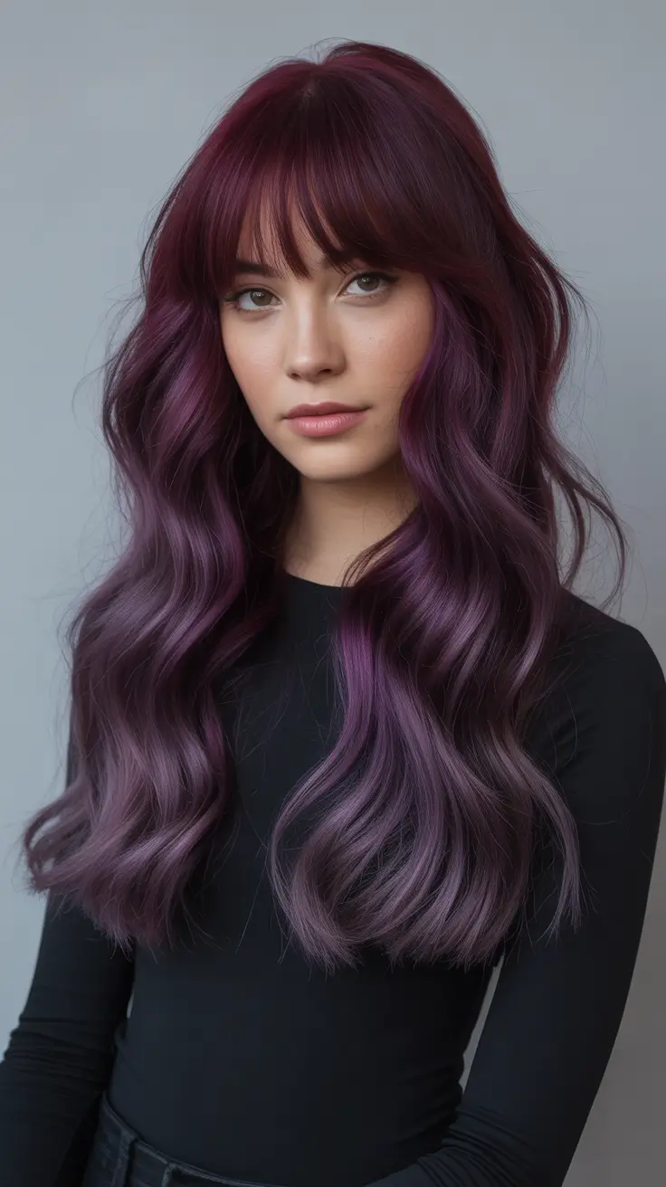 Deep Winter Hair Colors Inspiration 2025-2026 - Aubergine-To-Lavender Cascade With Fringe - moody to airy gradient