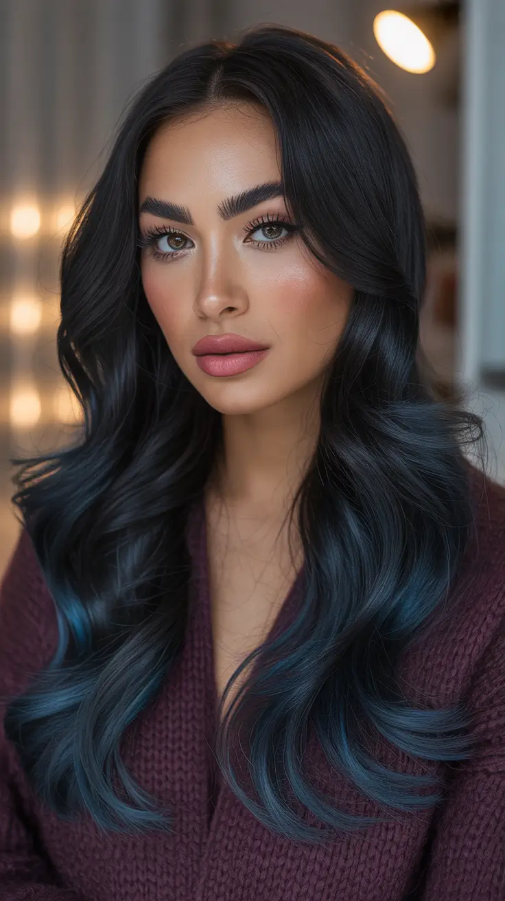 Deep Winter Hair Colors Inspiration 2025–2026 — Midnight Teal Lowlights On Jet Black
