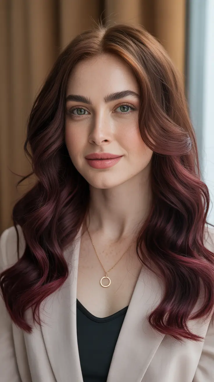 Deep Winter Hair Colors Inspiration 2025-2026 - Mulled Wine Balayage on Chestnut - cool red that doesn’t turn orange