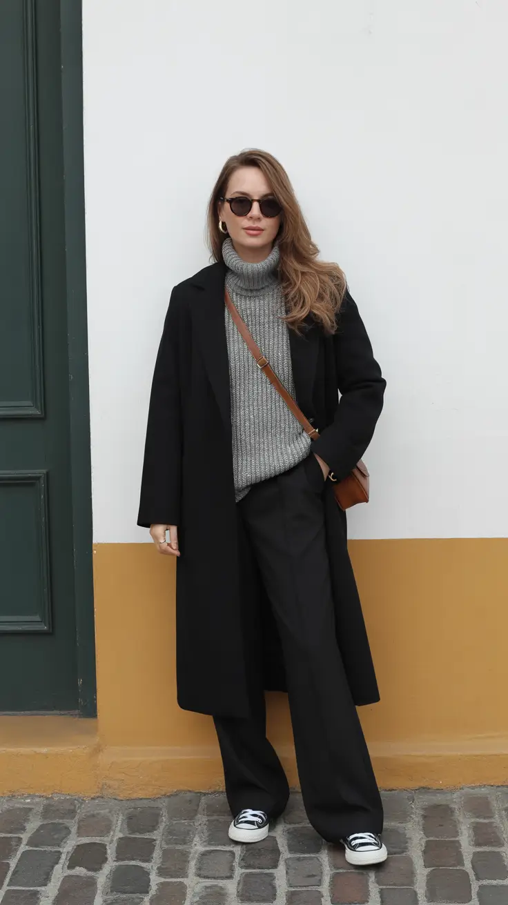 Chic Early Winter Outfits Guide 2025 - Black Coat, Ribbed Turtleneck, and Wide-Leg Ease
