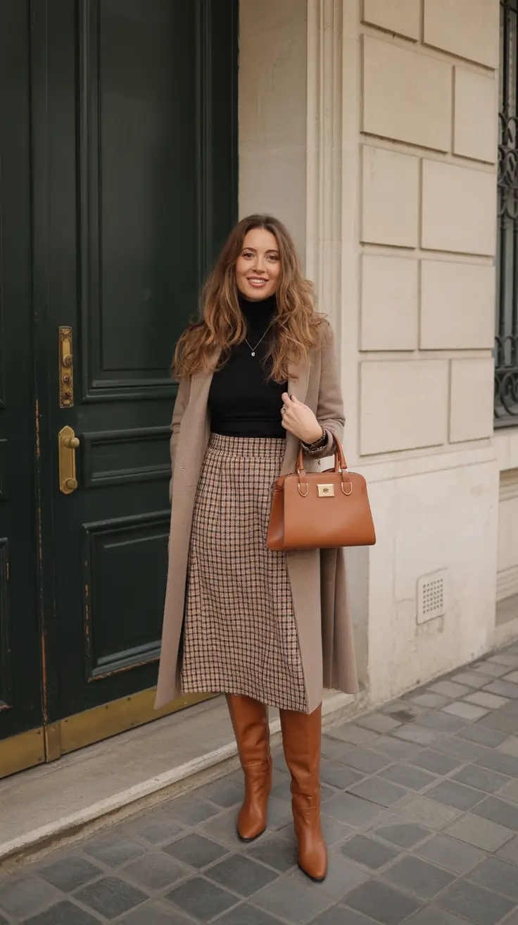 Chic Early Winter Outfits Guide 2025 - Checked Midi Skirt with Knee-High Boots and Camel Coat