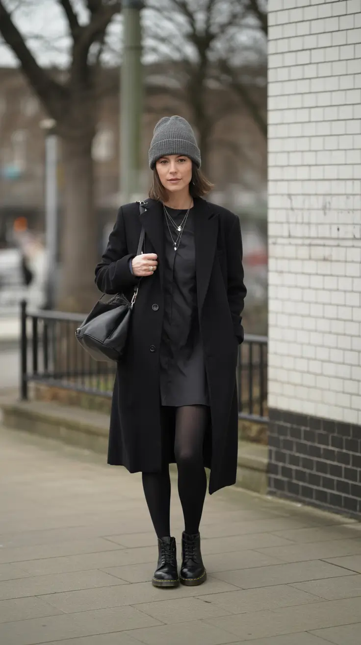 Chic Early Winter Outfits Guide 2025 - All-Black Layering With Beanie and Combat Boots