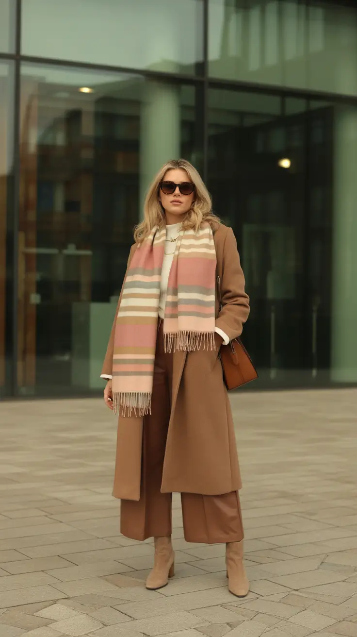 Chic Early Winter Outfits Guide 2025 - Tonal Camel Set With Pastel Stripe Scarf