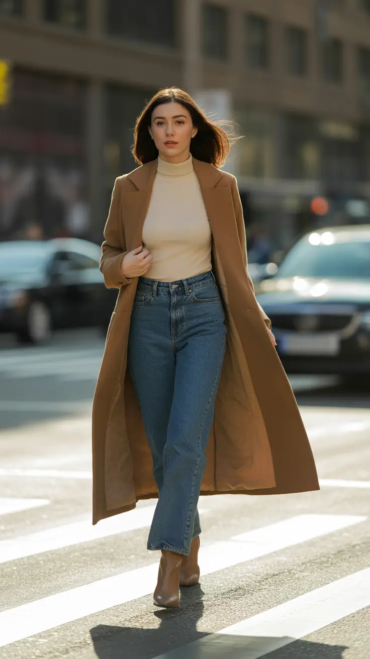 Chic Early Winter Outfits Guide 2025 - Neutral Camel Coat With Denim And Sleek Ankle Boots