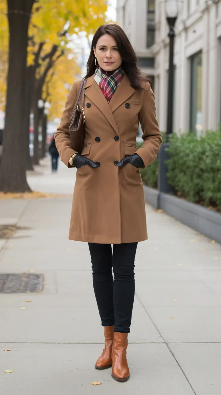 Chic Early Winter Outfits Guide 2025 - Tartan Scarf Accents With Camel Coat And Black Skinny Base