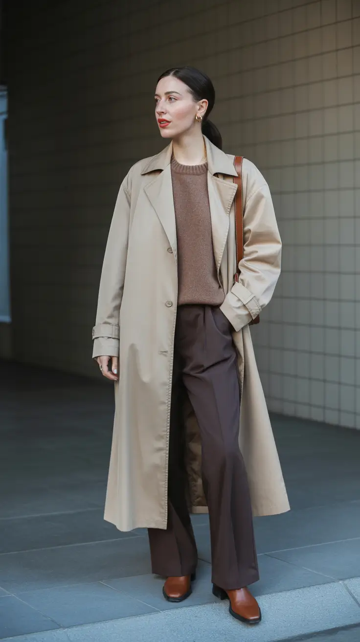 Chic Early Winter Outfits Guide 2025 - Trench Layers in Cappuccino Tones
