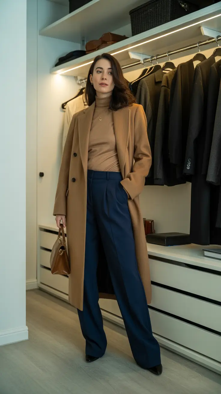 Chic Early Winter Outfits Guide 2025 - Boardroom Calm: Camel Over Navy Wide-Leg Trousers