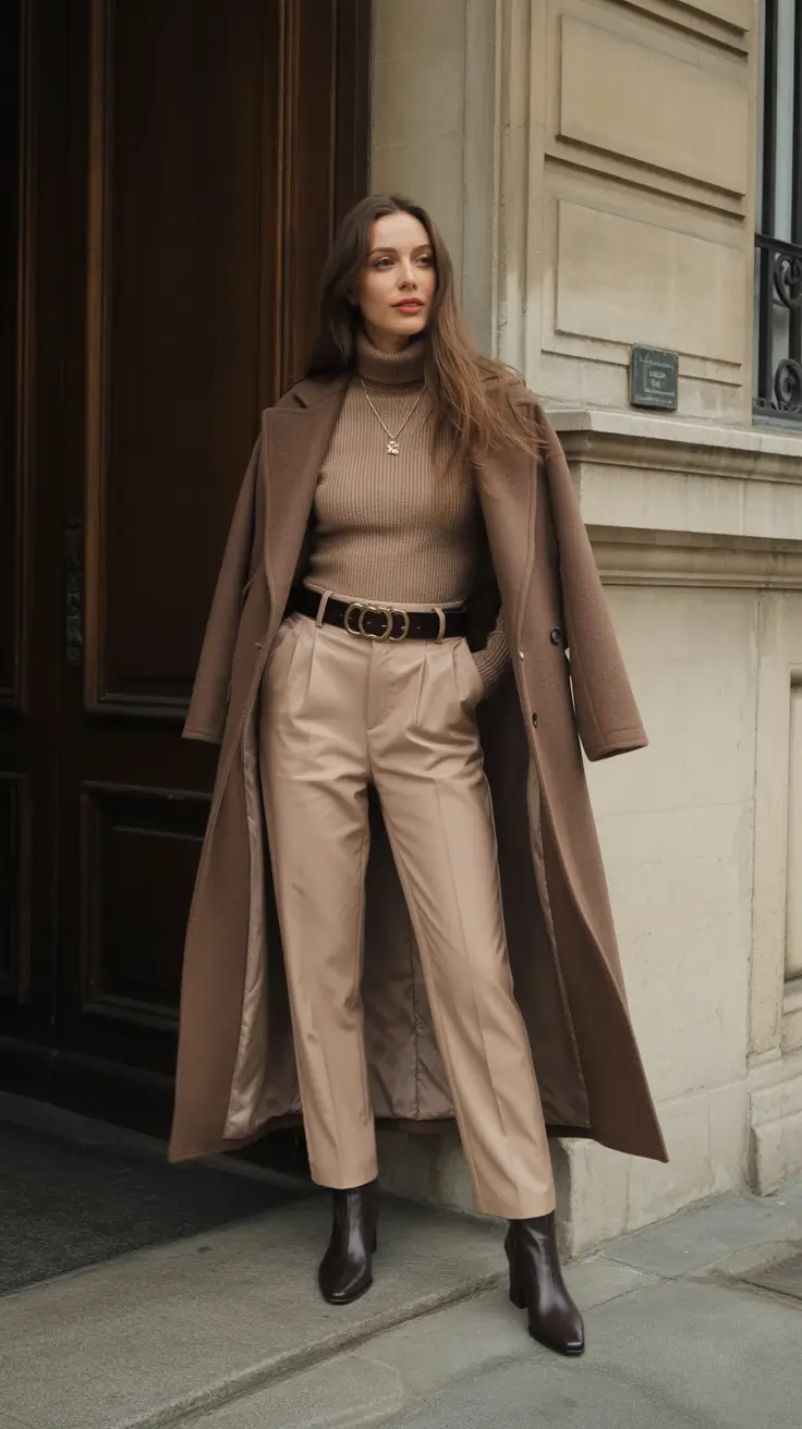 Chic Early Winter Outfits Guide 2025 - All About Taupe: Tonal Turtleneck With Tailored Trousers