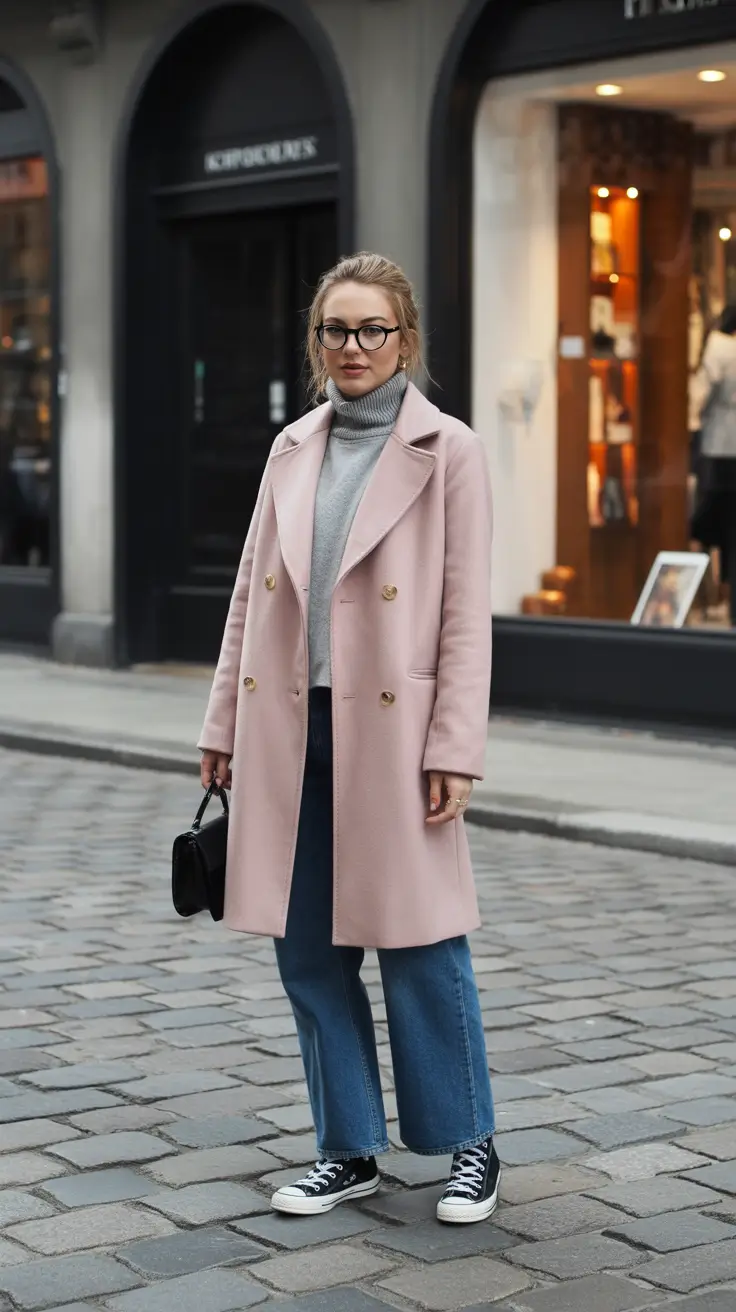 Chic Early Winter Outfits Guide 2025 - Soft-Pink Coat With Grey Knit And Laid-Back Sneakers