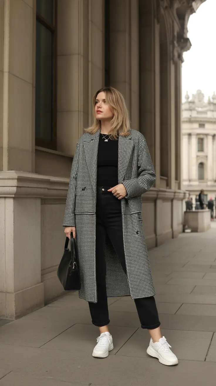 Chic Early Winter Outfits Guide 2025 - Houndstooth Power Coat with Sleek Black