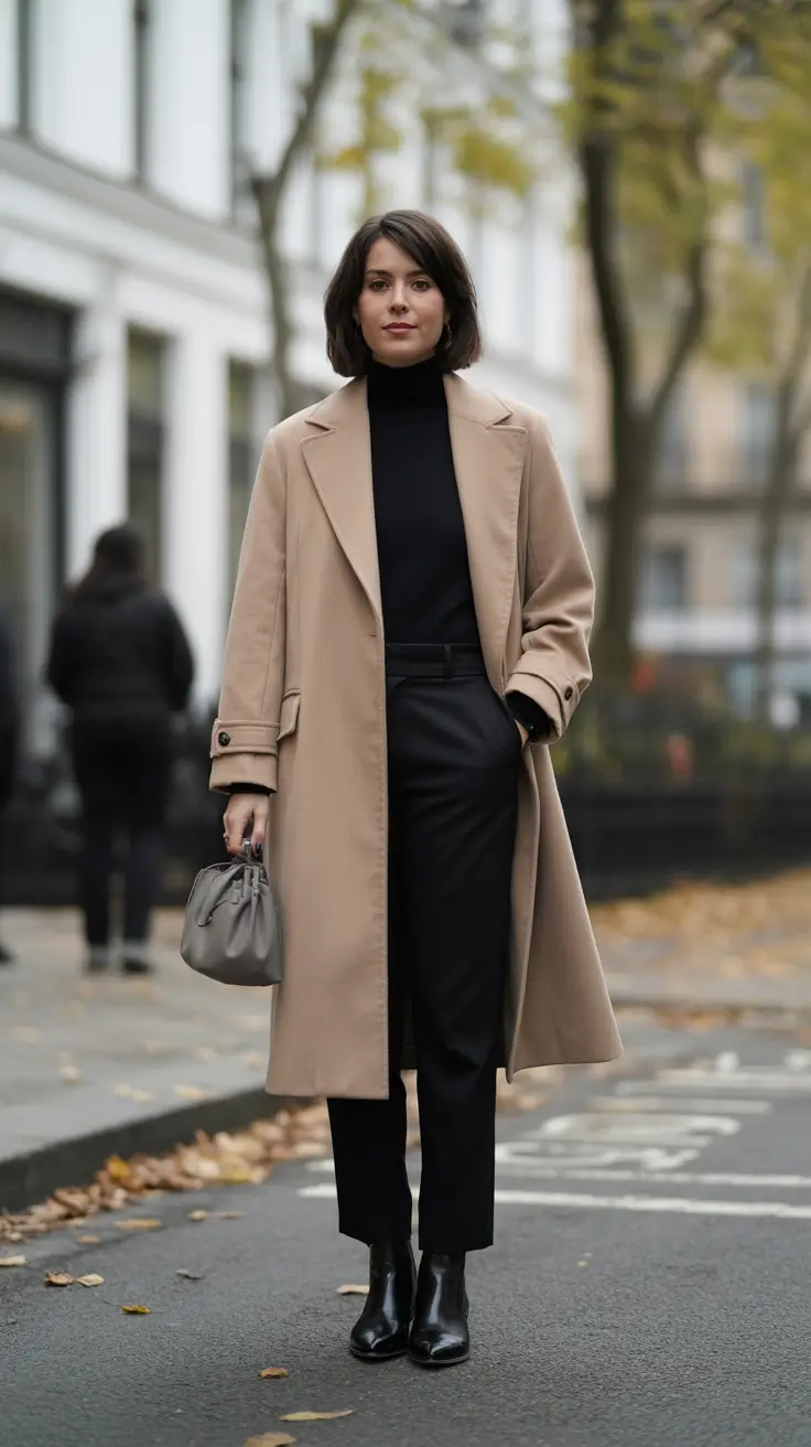 Chic Early Winter Outfits Guide 2025 - Camel Coat Power with a Monochrome Base