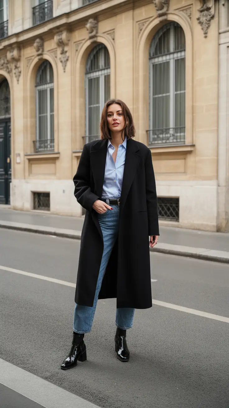 Chic Early Winter Outfits Guide 2025 - Black Coat, Blue Shirt, and Classic Denim