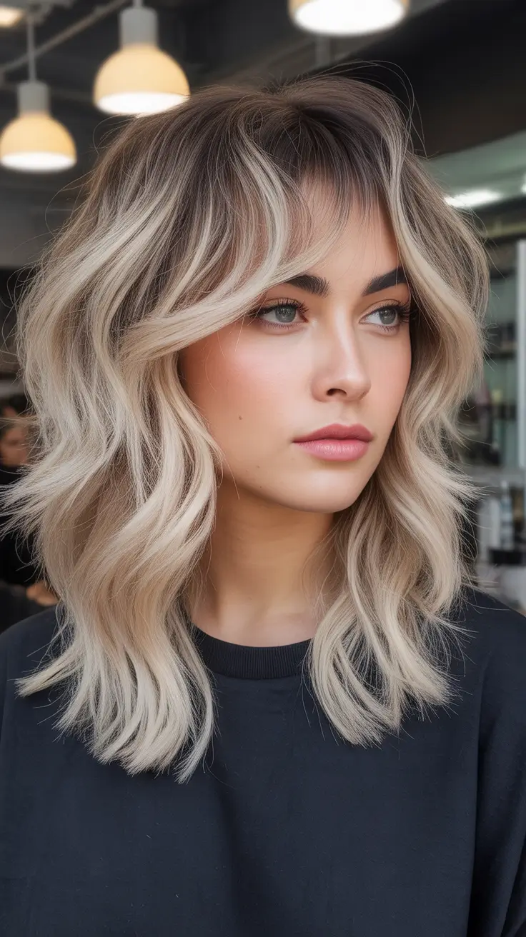 fall and winter hair colors 2025-2026 - Beige Balayage With Bottleneck Bangs