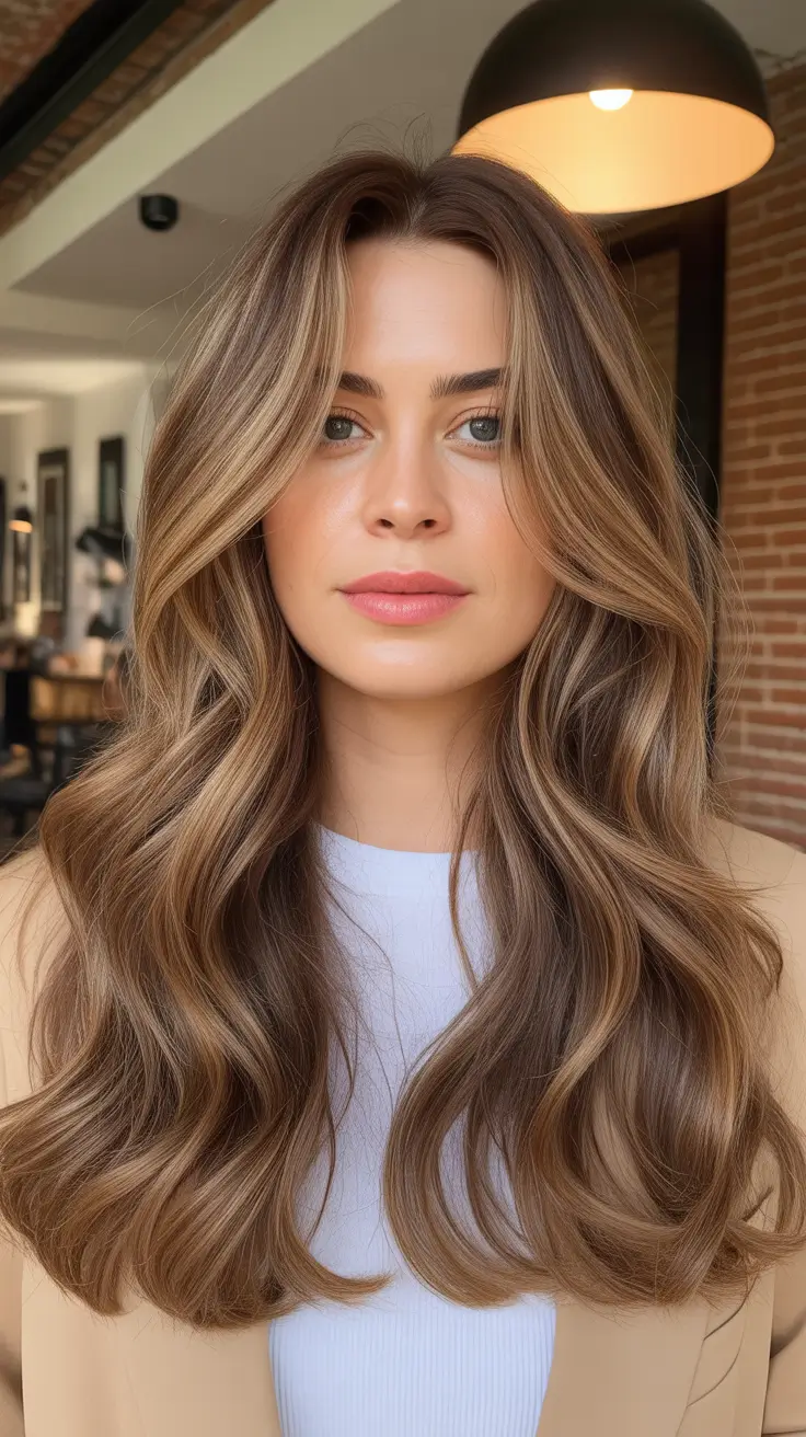 fall and winter hair colors 2025-2026 - Honey Champagne Ribbons On Long Layers