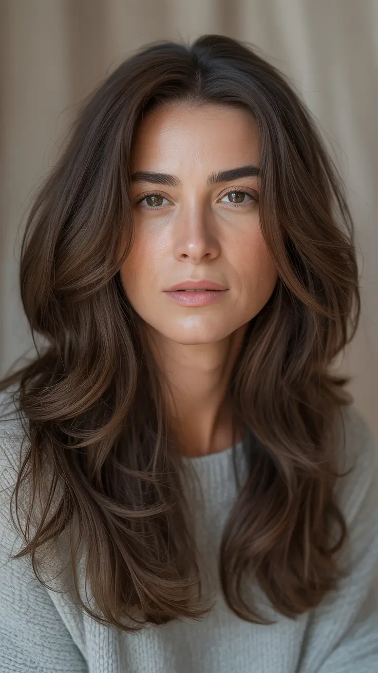 fall and winter hair colors 2025-2026 - Glossed Chocolate Layers With Curtain Lift
