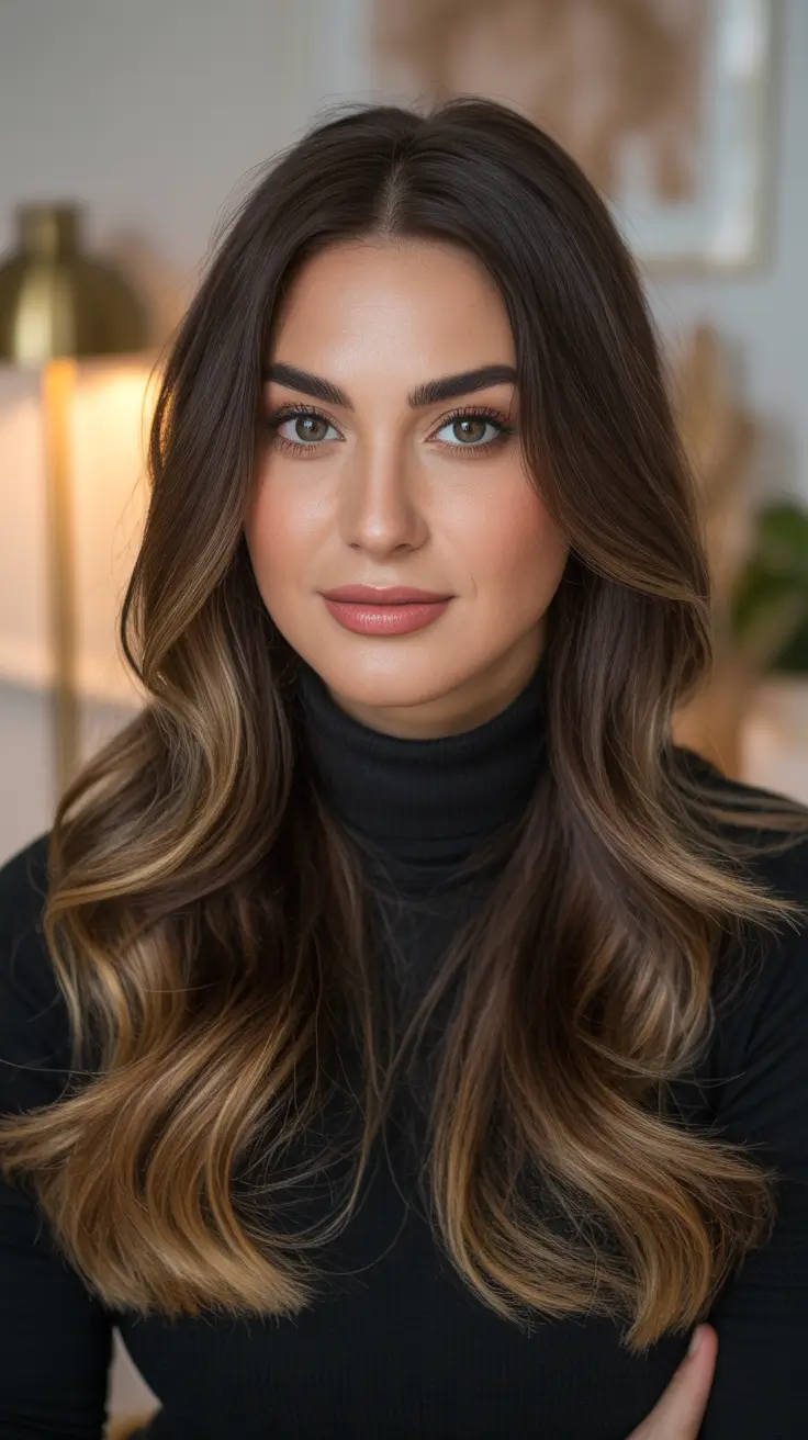 fall and winter hair colors 2025-2026 - Honey-Glazed Espresso Bronde With Face-Framing Ribbons