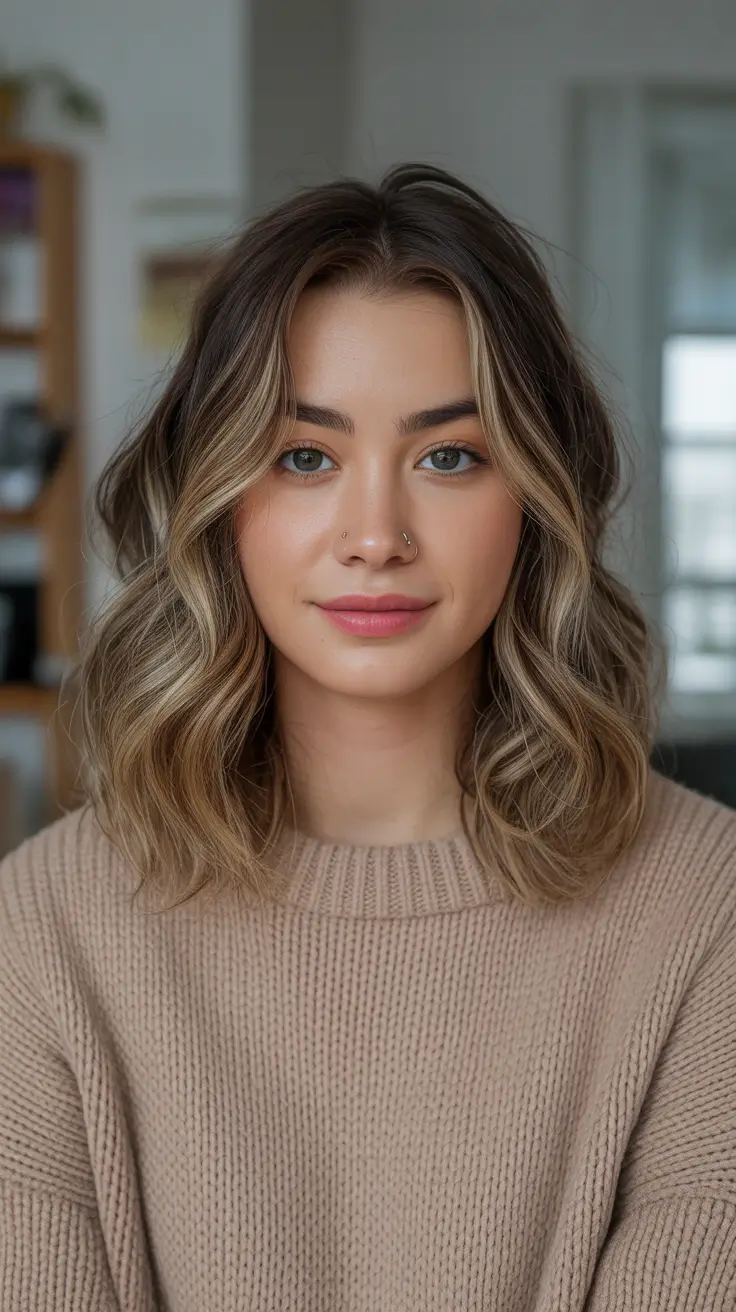 fall and winter haircuts - Cozy Dimensional Lob With Face-Framing Lights