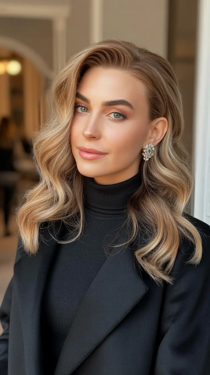 fall and winter haircuts - Side-Part Hollywood Waves on Honey Bronde