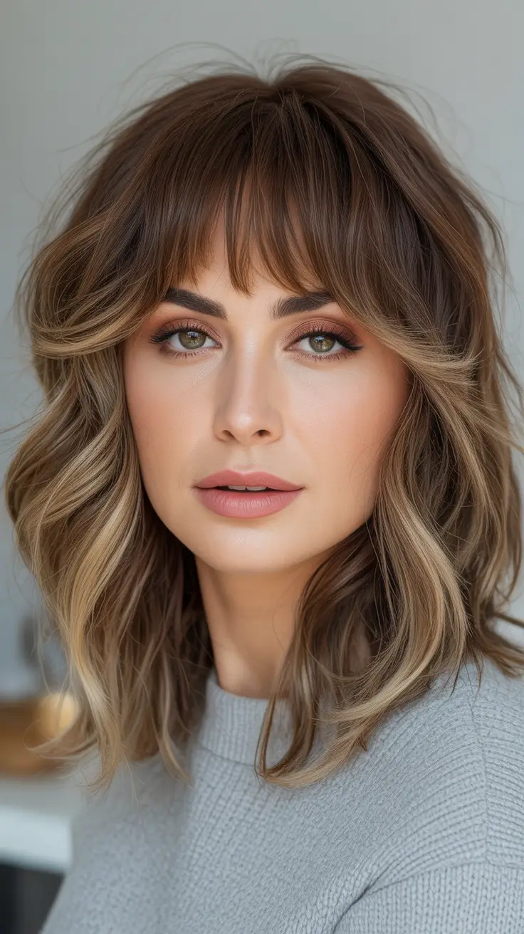 fall and winter haircuts - Choppy Mid-Length With Feathery Curtain Bangs