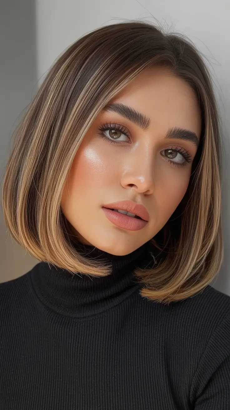 fall and winter haircuts - Glossy Blunt Bob With Money-Piece Highlights
