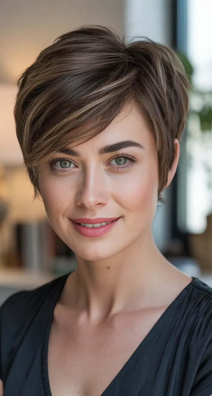fall and winter haircuts - Glossy Brunette Bixie With Ribbon Highlights