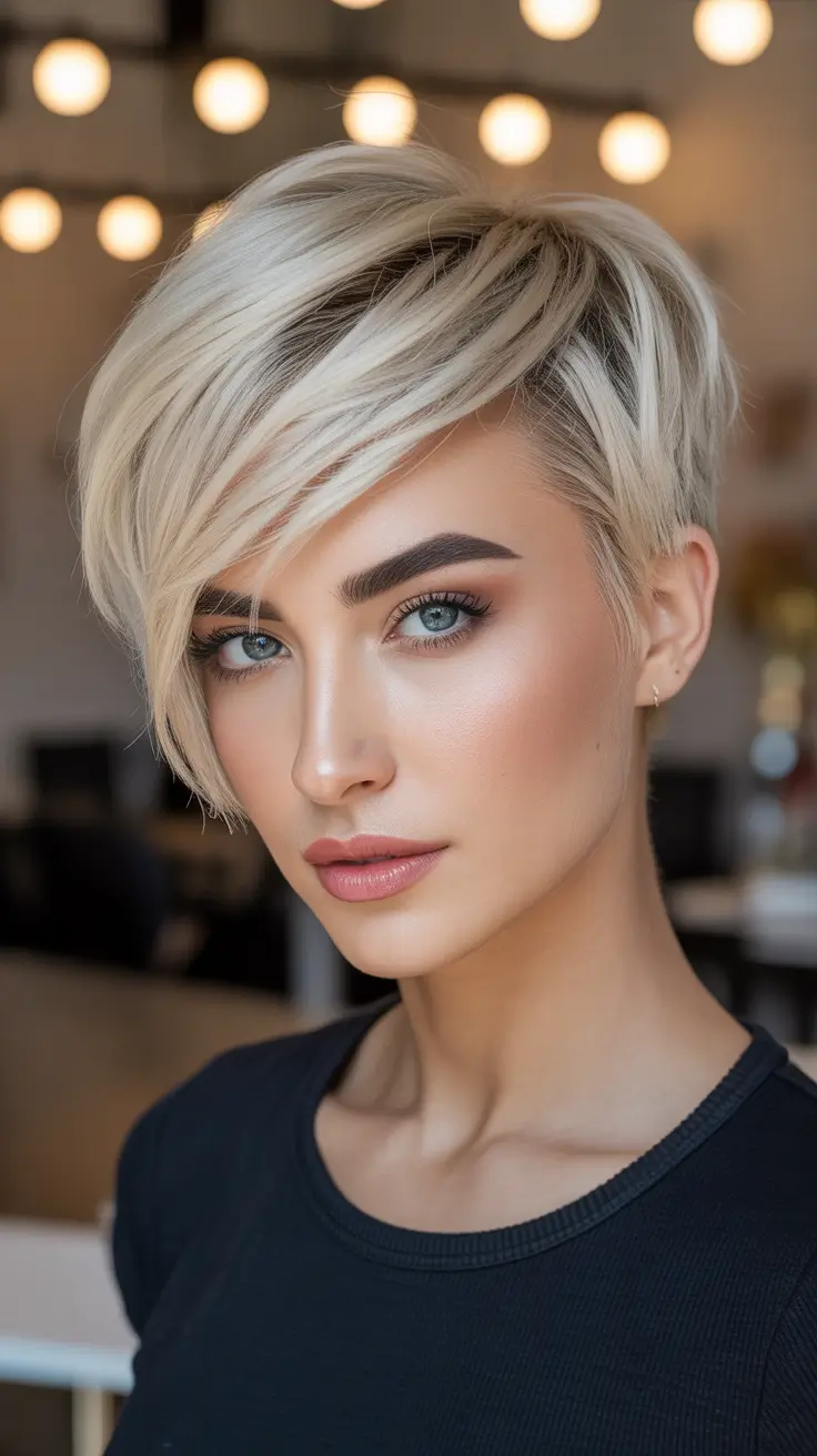 fall and winter haircuts - Platinum Bixie With Long Side Fringe