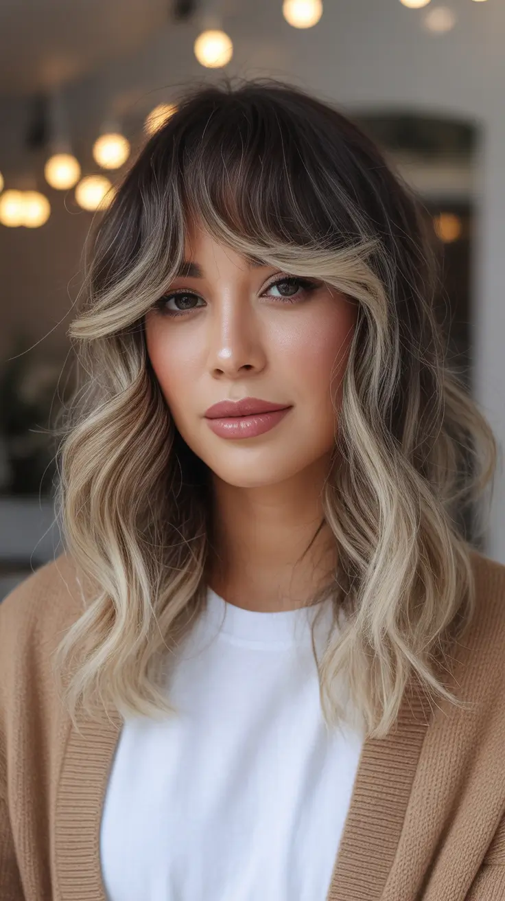 fall and winter haircuts - Soft Curtain-Bang Lob With Blonde Face-Frame