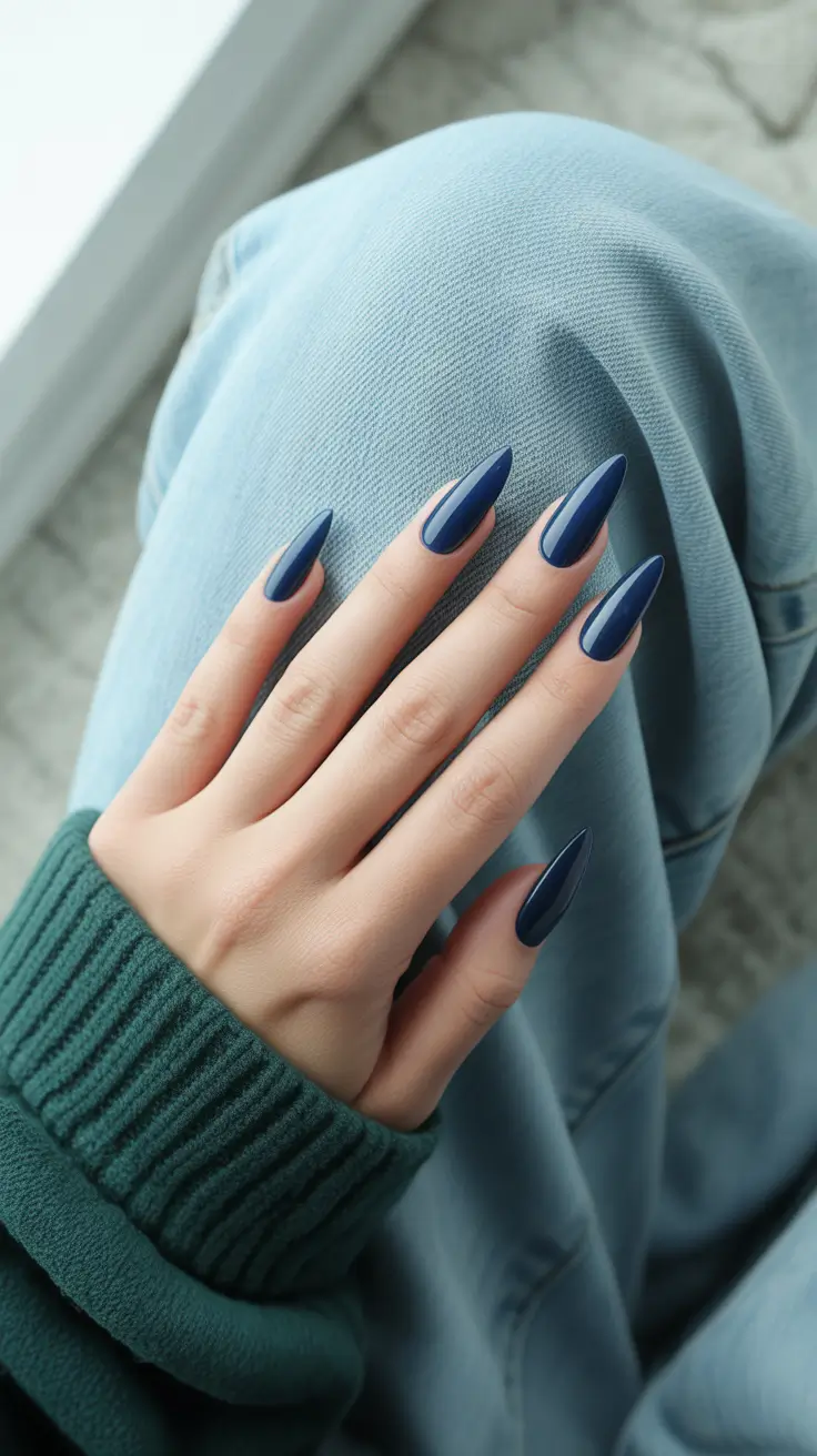 nail color for november - Midnight Navy Almonds With Studio Gloss
