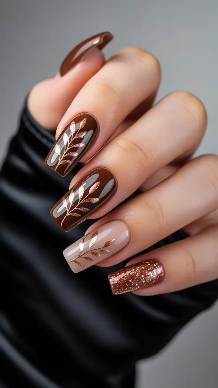 Fall Nail design for November 2025 - Molten Chocolate With Rose-Gold Botanicals