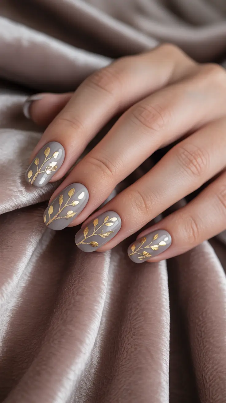 Fall Nail design for November 2025 - Greige Gloss With Brushed Gold Stems