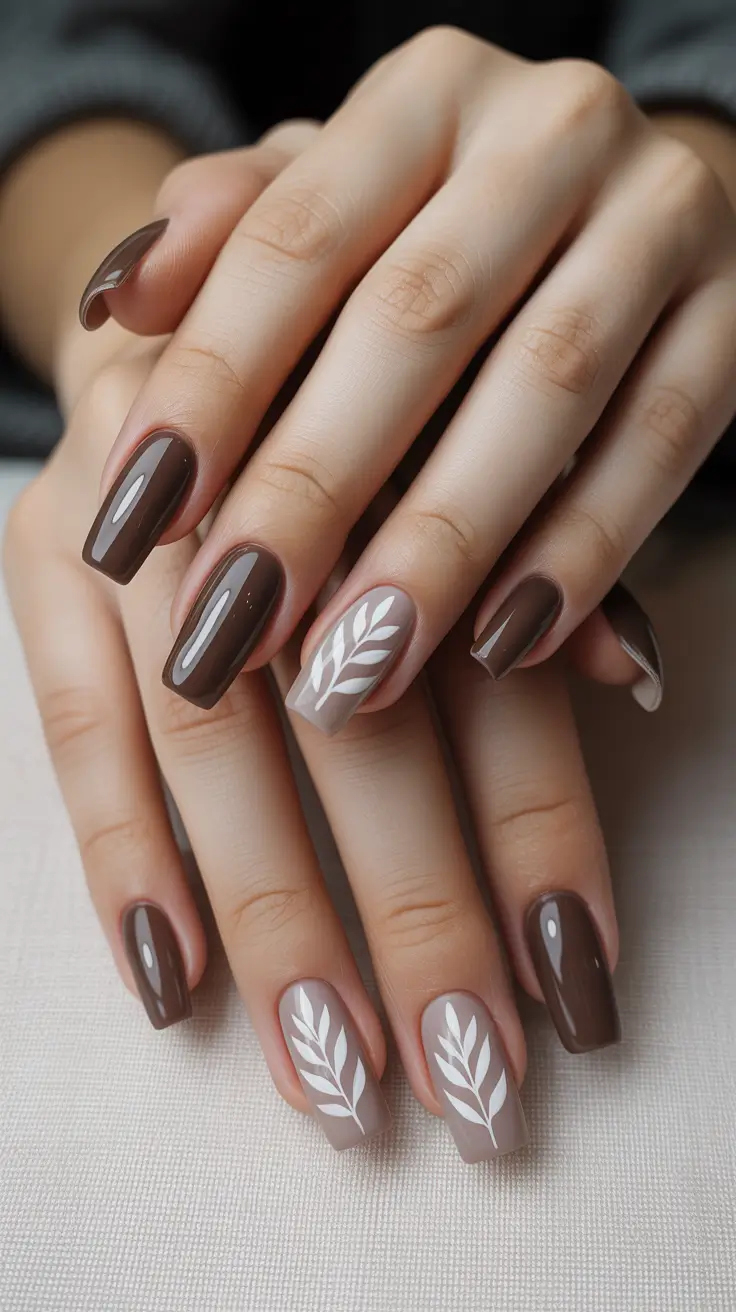 Fall Nail design for November 2025 - Mocha Squares With Clean White Fronds